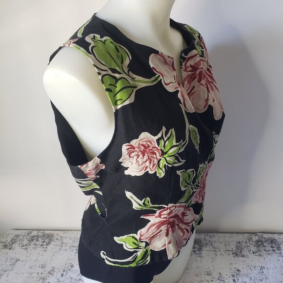 Vintage Bob Mackie Studio Black Floral Linen Lined Sleeveless Wrap Vest - Picture 3 of 14